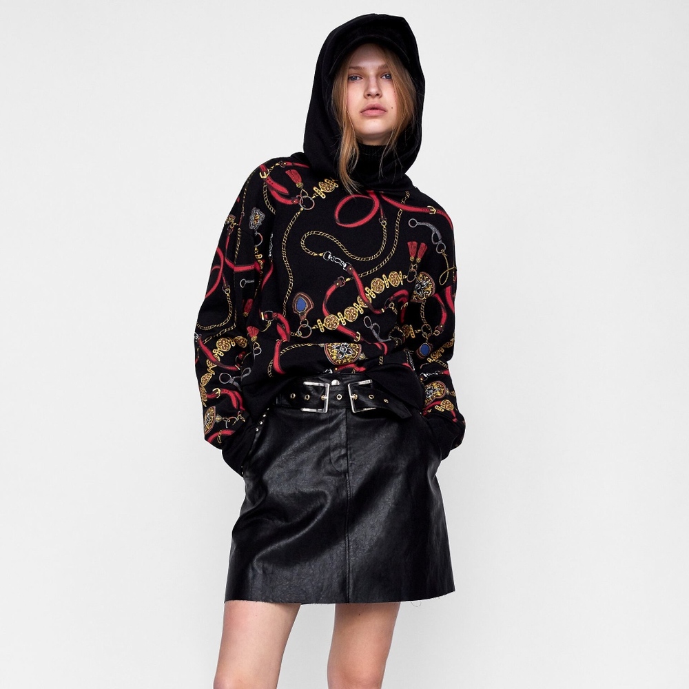 Zara Chain Print Black Hoodie Large NWOT